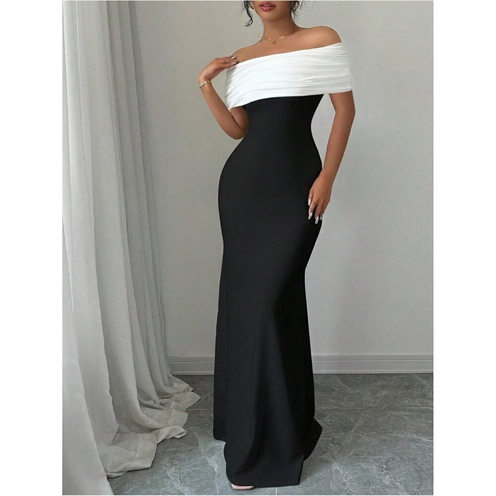 Women's Color Block Fishtail Maxi Dress Off Shoulder Bodycon for Events - Picture 4 of 5